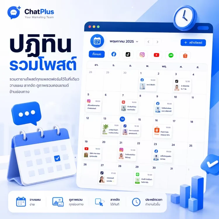 ปฏิทินรวมโพสต์ ChatPlus สำหรับวางแผนคอนเทนต์ทุกแพลตฟอร์ม